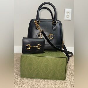 Gucci Horsebit Top Handle Black Leather Handbag and Wallet Set
